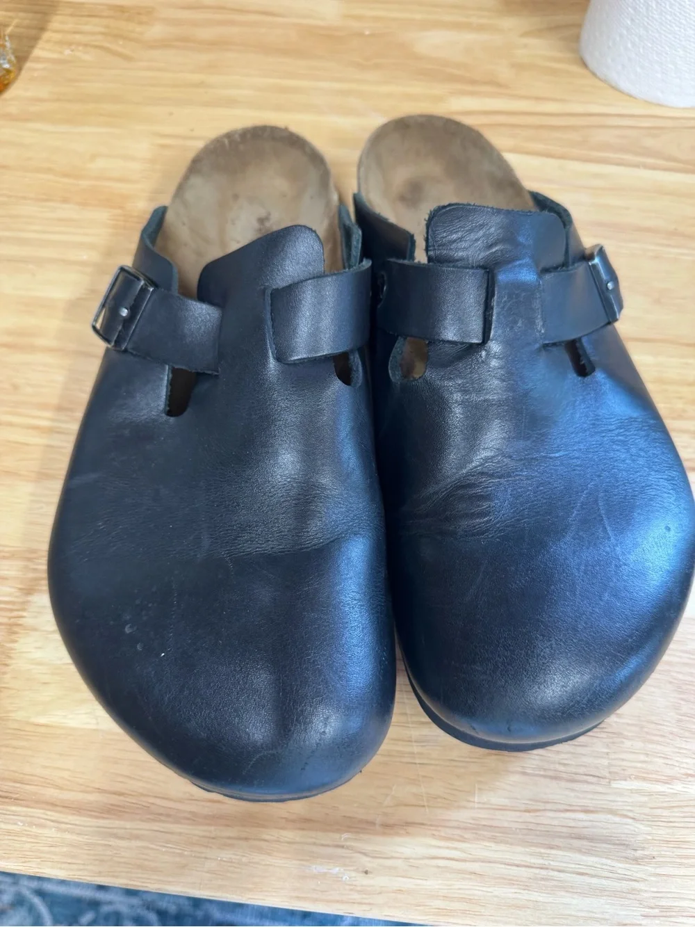 Birkenstock Black Leather Slip-On Clogs with Buckle